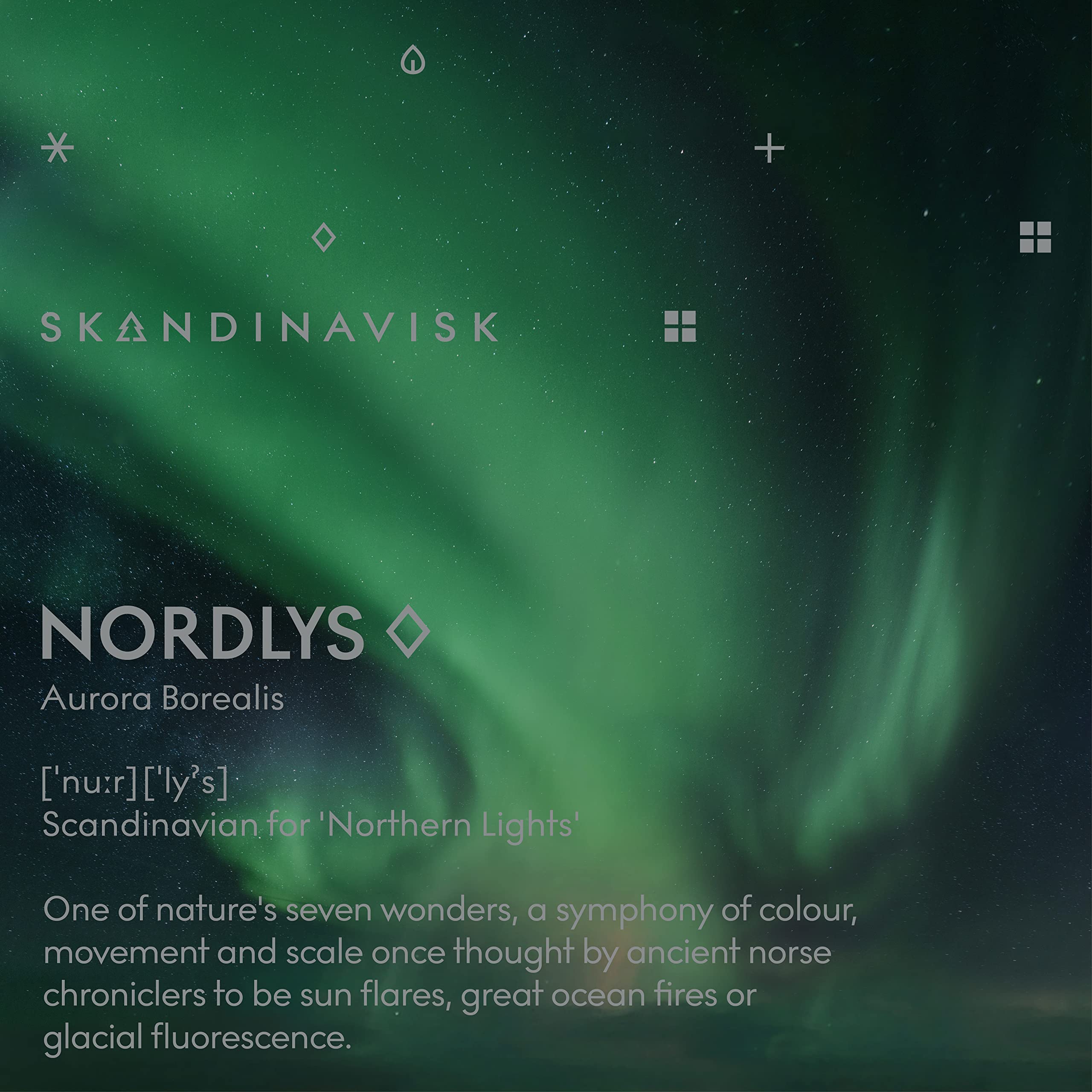 Skandinavisk NORDLYS 'Northern Lights' Scented Candle. Fragrance Notes: Arctic Intensity and Celestial Colour, a Singular Symphony for Senses. 3.17 oz.