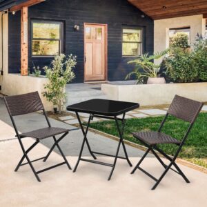 MoNiBloom 3 Piece Patio Bistro Dining Furniture Set, 2 Foldable Chairs and Round Table w/Tempered Glass Tabletop for Lawn Garden Backyard