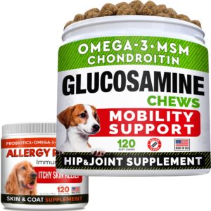 glucosamine treats + allergy relief dog bundle - joint supplement w/omega-3 fish oil + itchy skin relief - chondroitin, msm + pumpkin, enzymes, turmeric - skin & coat - bacon flavor + vegetable chews