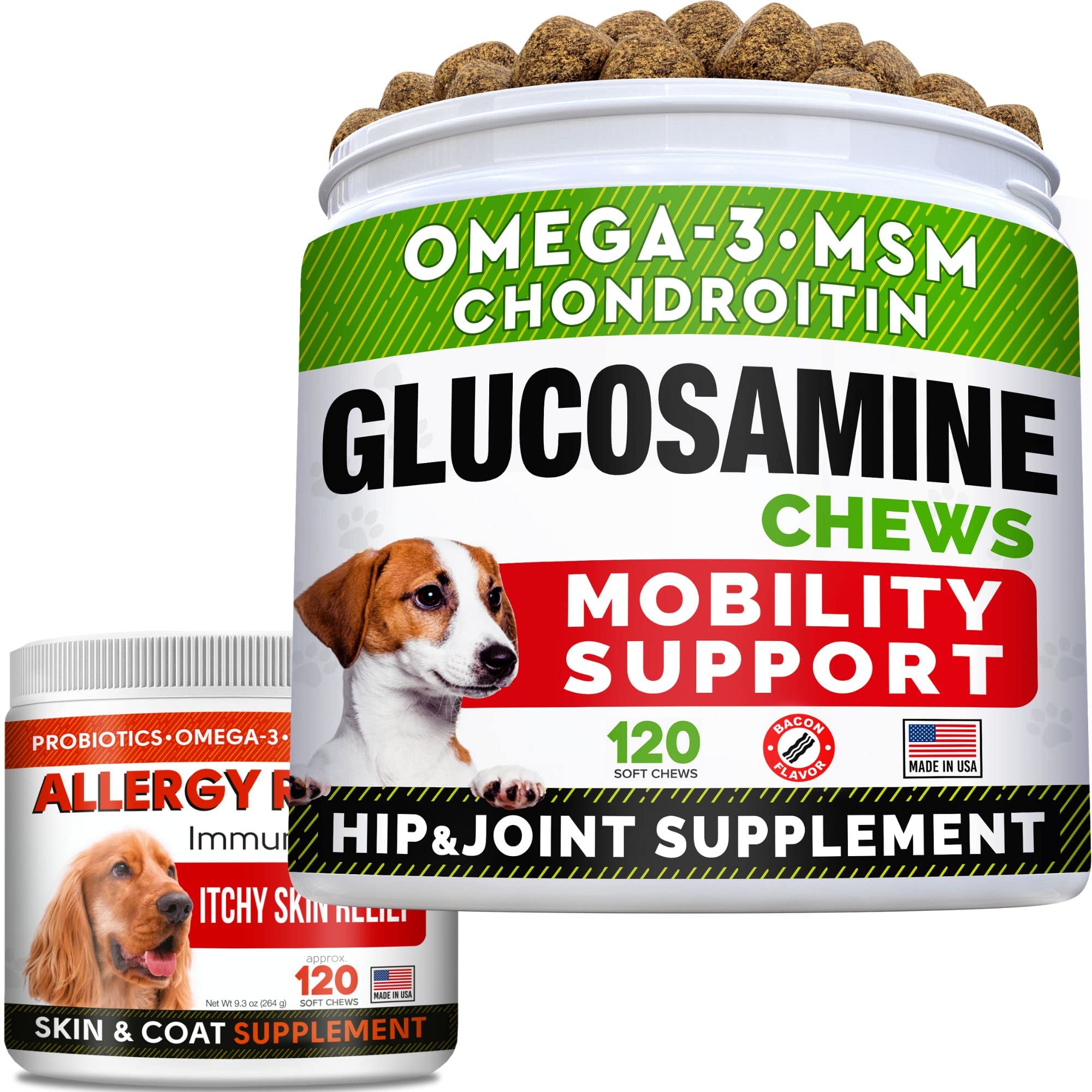 Glucosamine Treats + Allergy Relief Dog Bundle - Joint Supplement w/Omega-3 Fish Oil + Itchy Skin Relief - Chondroitin, MSM + Pumpkin, Enzymes, Turmeric - Skin & Coat - Bacon Flavor + Vegetable Chews