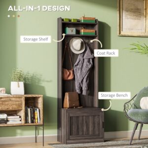 HOMCOM Narrow Hall Tree with Shoe Storage Bench, Rustic Entryway Bench with Coat Rack, Accent Coat Tree with Storage Shelves for Hallway, Mudroom, Brown