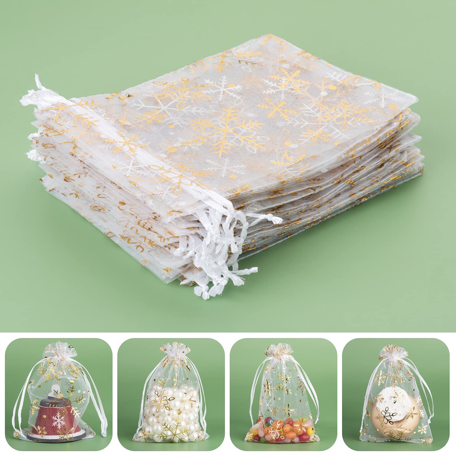 HongyiTime 100 PCS 4X6 inch Snowflake Organza Gift Bags Christmas, White Mesh Jewelry Pouches Little Drawstring Candy Bags