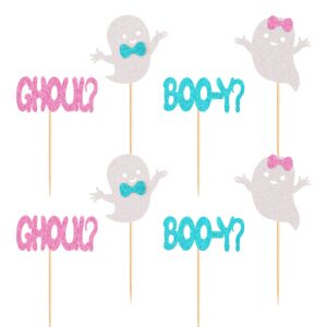 Ercadio 24 Pack Boo-y or Ghoul Cupcake Toppers Glitter Halloween Ghost Cupcake Picks Boy or Girl Cupcake Toppers Baby Shower Birthday Halloween Themed Gender Reveal Cake Decorations Supplies