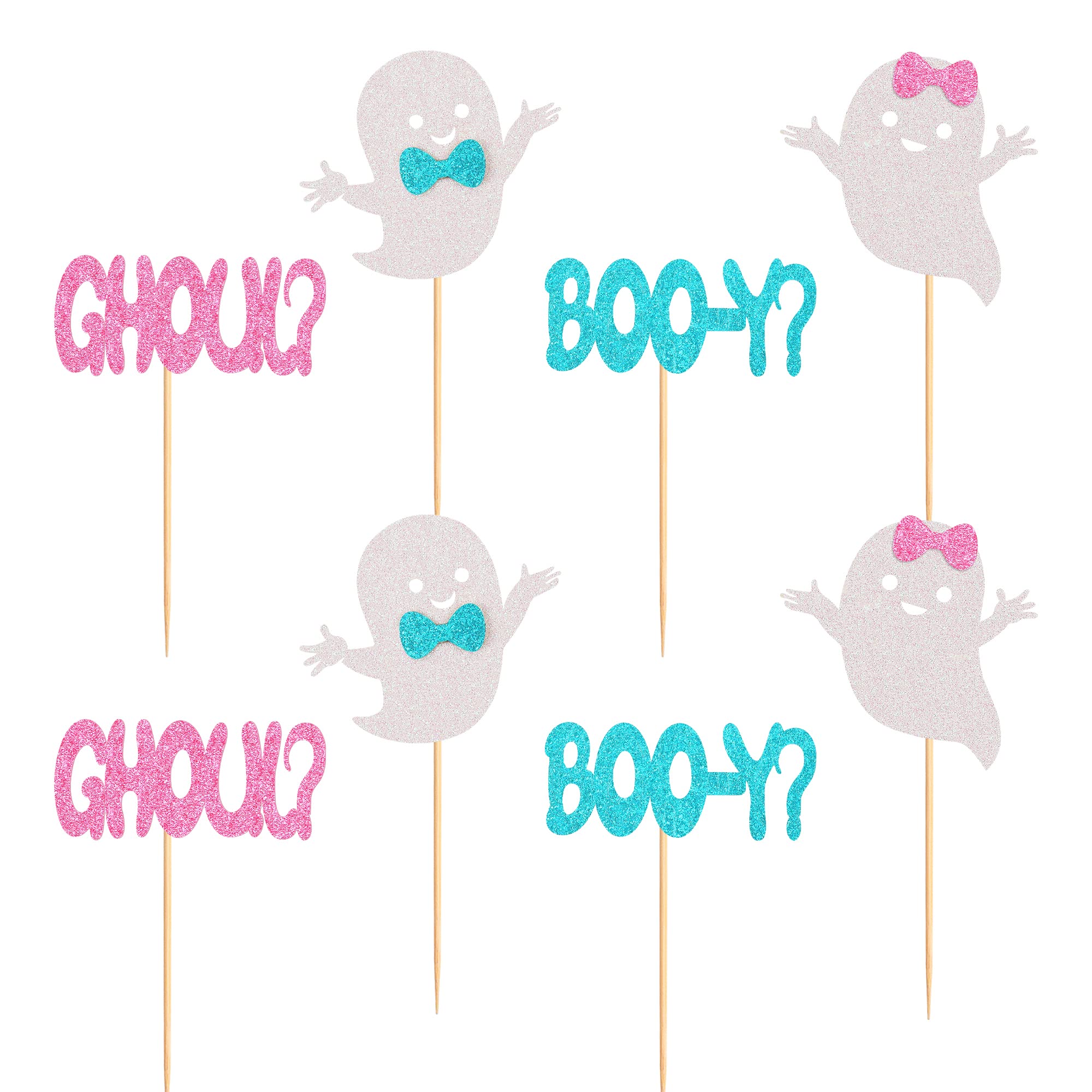 Ercadio 24 Pack Boo-y or Ghoul Cupcake Toppers Glitter Halloween Ghost Cupcake Picks Boy or Girl Cupcake Toppers Baby Shower Birthday Halloween Themed Gender Reveal Cake Decorations Supplies