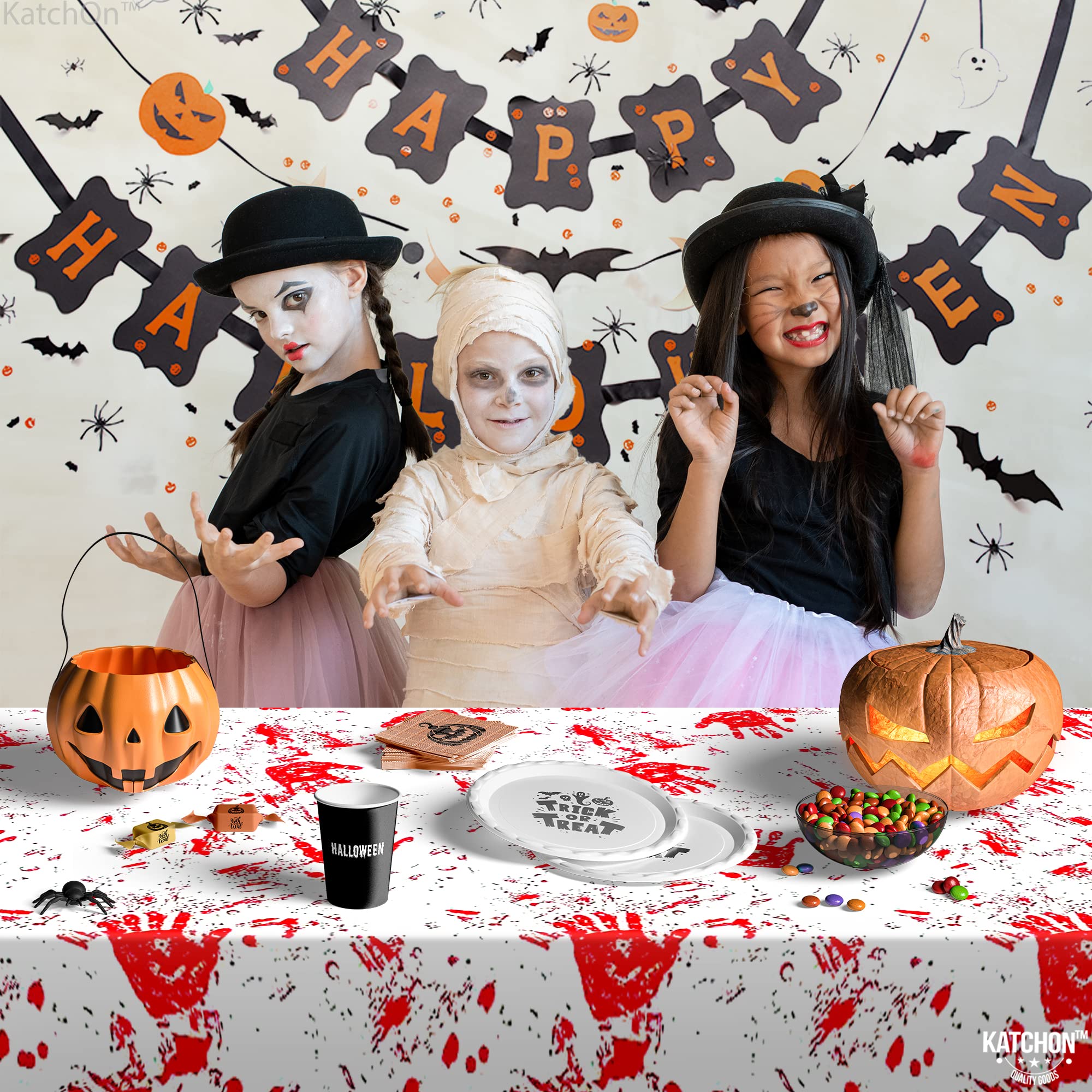 KatchOn, Bloody Table Cloth Halloween - Pack of 3, Large 54x72 Inch | Halloween Tablecloth Plastic, Zombie Red Bloody Handprint Tablecloth | Halloween Table Cover for Halloween Table Decorations