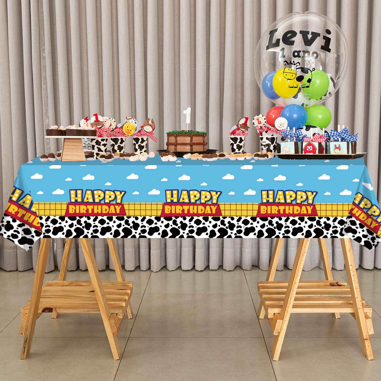 3 Pack Cartoon Story Birthday Party Supplies Cow Pattern Printed Table Cover Blue Sky and White Cloud Tablecloths Cow Birthday Party Decoration for Boy Girl Kid Birthday Party Decor 54 x 108 inch