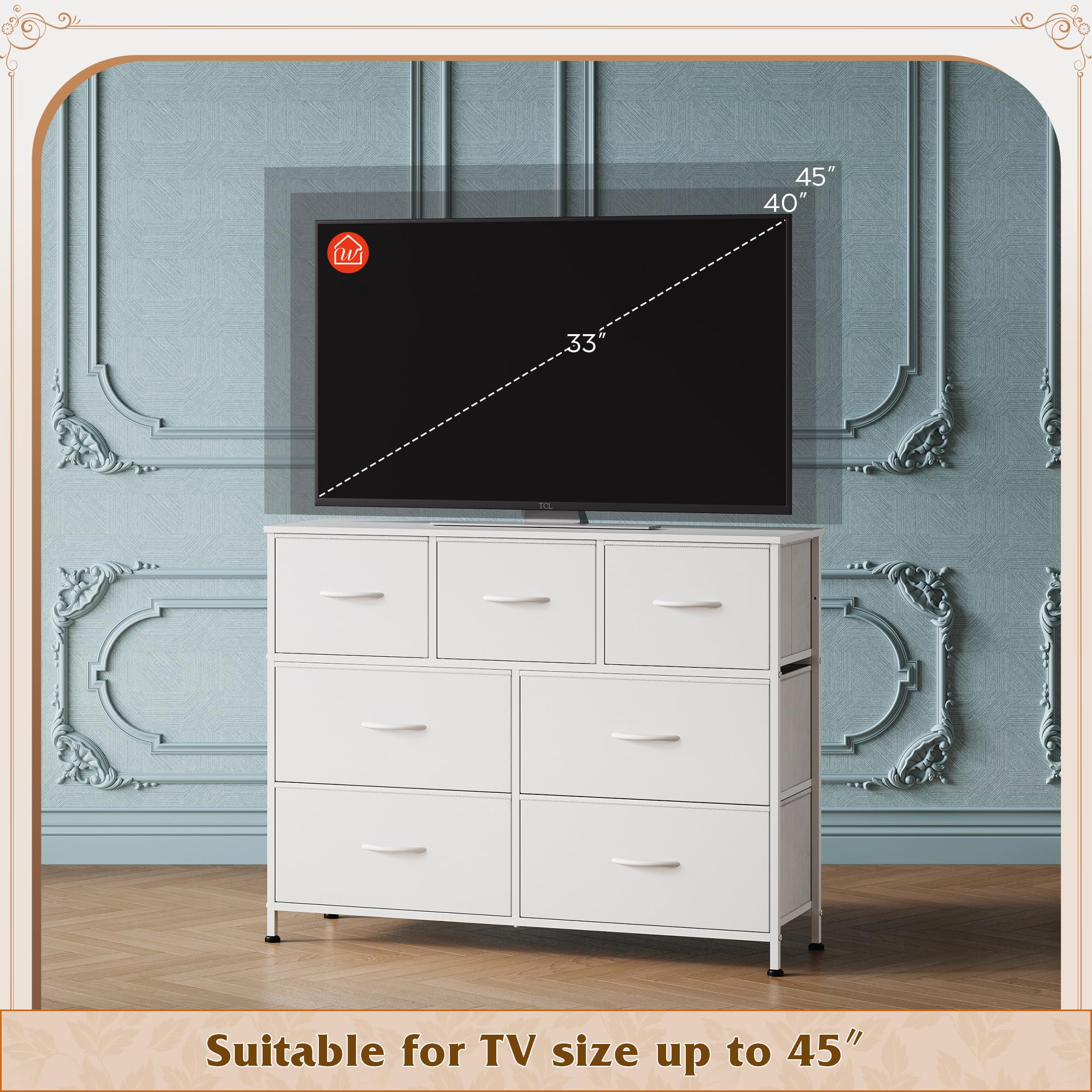 WLIVE Dresser with 7 Drawers, Dressers for Bedroom, Fabric Storage Tower, Hallway, Entryway, Closets, Sturdy Steel Frame, Wood Top, Easy Pull Handle, White