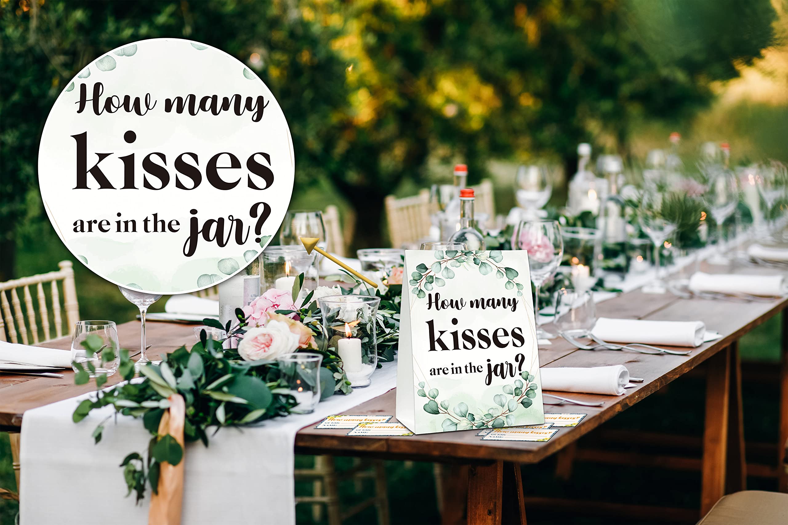 Eyouyeqi How Many Kisses Are In The Jar Sign, Greenery Bridal Shower Game, Eucalyptus Baby Shower Sign & Tickets, Wedding/Engagement Party Supplies Decorations - (1 Sign + 50 Guessing Cards) - 08