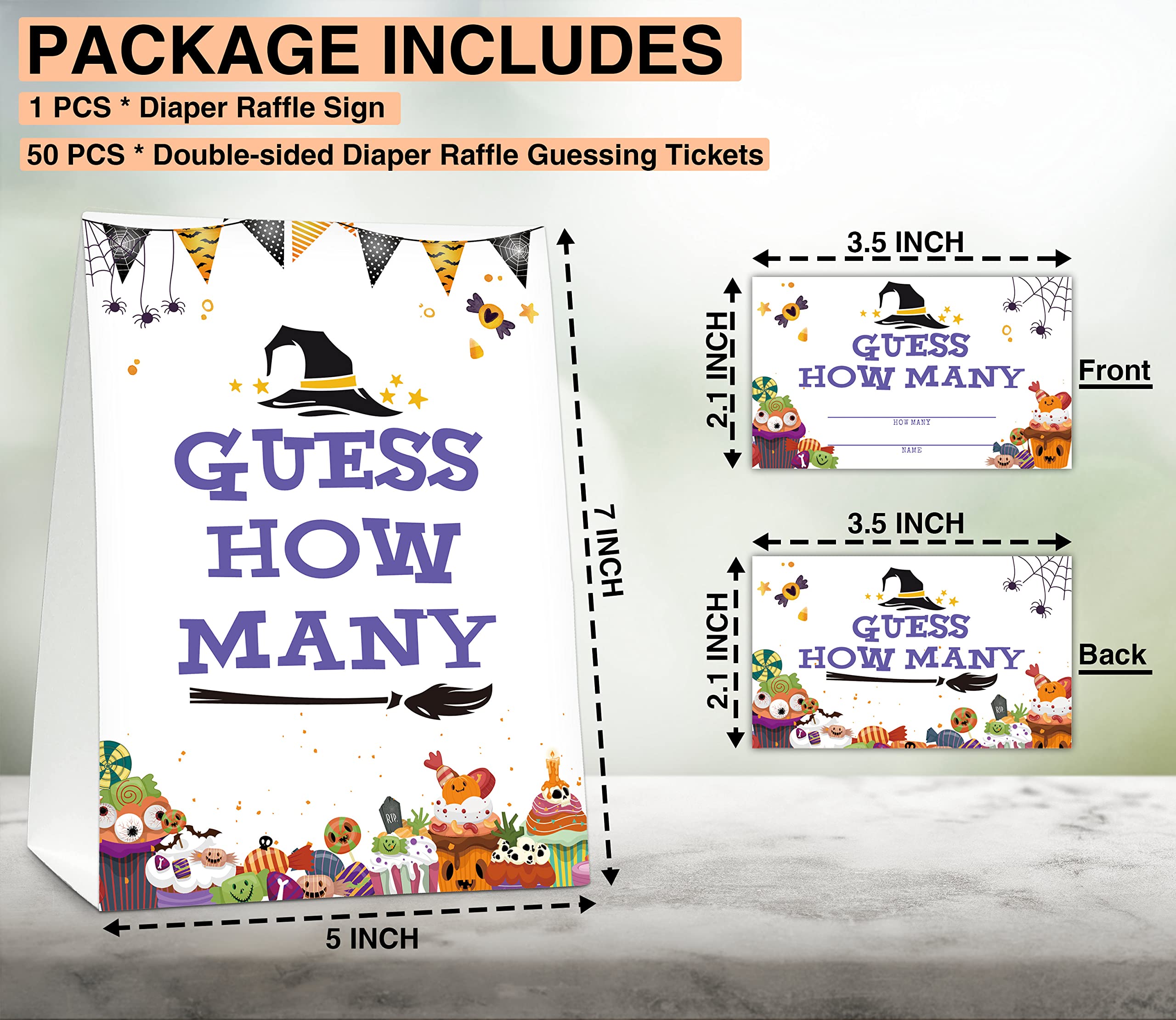 Halloween Bridal Shower Game Sign and Card, Halloween Guess How Many Party Game Set, 1 Sign With 50 Guess Tickets –LK-012