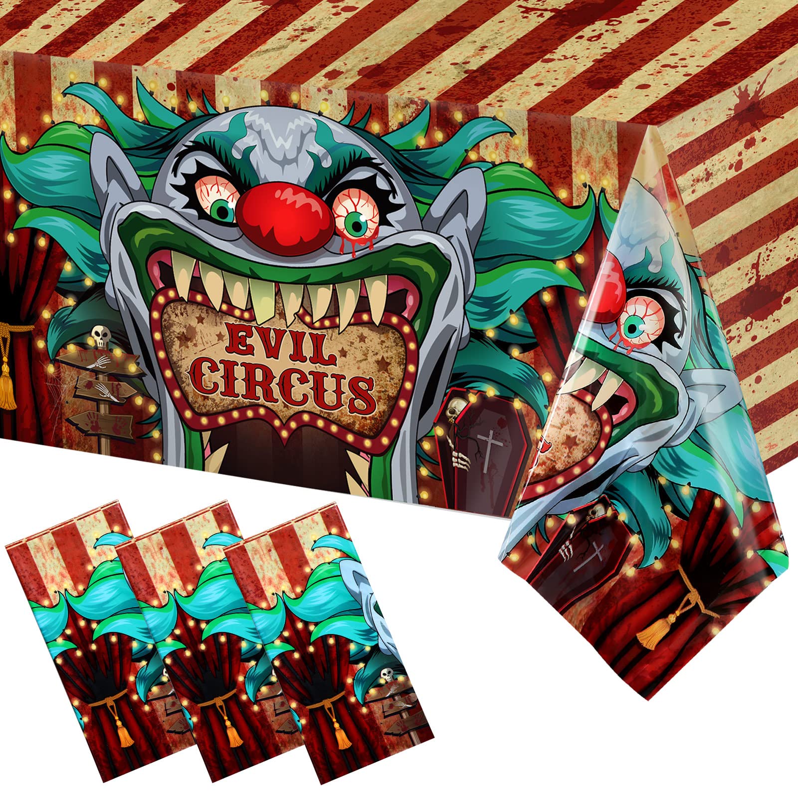 Tiamon 3 Pieces Halloween Tablecloth Horror Circus Table Cover Giant Evil Clown Tablecloth Halloween Circus Plastic Table Cover for Horror Circus Carnival Theme Halloween Party Scary Vampire Decor