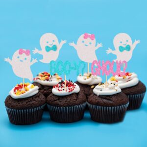 Ercadio 24 Pack Boo-y or Ghoul Cupcake Toppers Glitter Halloween Ghost Cupcake Picks Boy or Girl Cupcake Toppers Baby Shower Birthday Halloween Themed Gender Reveal Cake Decorations Supplies