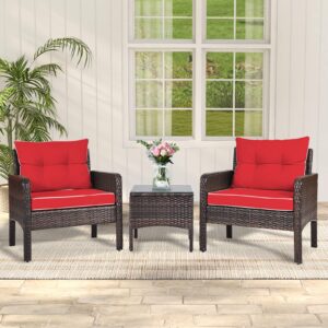 RELAX4LIFE 3-Piece Patio Furniture Set, PE Rattan Wicker Outdoor Conversation Set w/Glass Top Coffee Table & Thick Cushions for Deck Porch Balcony Garden, Bistro Table and Chairs Set of 2 (Red)