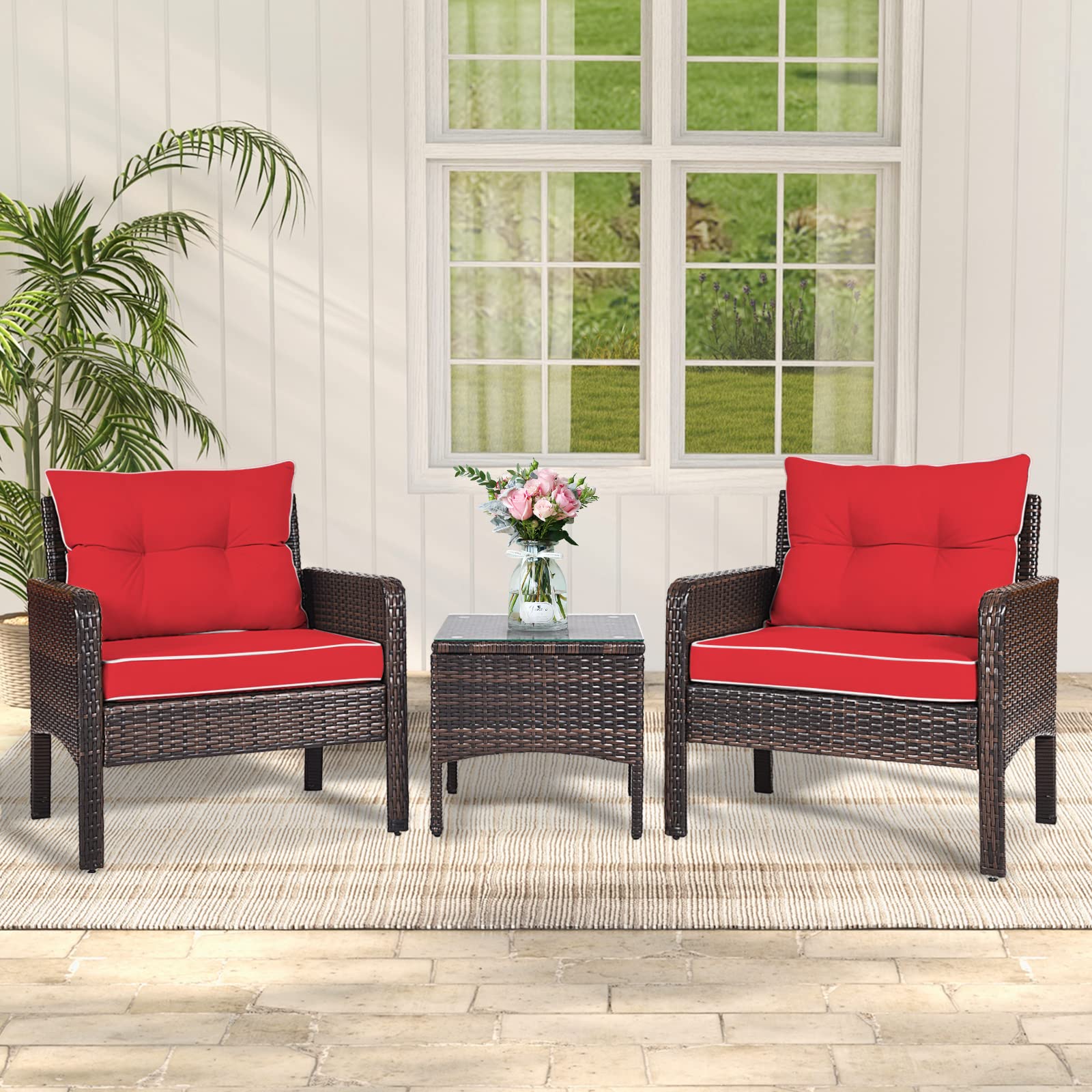 RELAX4LIFE 3-Piece Patio Furniture Set, PE Rattan Wicker Outdoor Conversation Set w/Glass Top Coffee Table & Thick Cushions for Deck Porch Balcony Garden, Bistro Table and Chairs Set of 2 (Red)