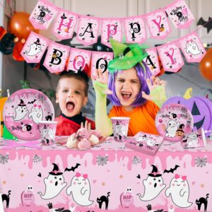 142Pcs Halloween Party Tableware Decorations Happy Boo Day Tableware Set Pink Halloween Ghost Party Supplies Halloween Birthday Tableware Plates Napkins Cups Banner for Kids …