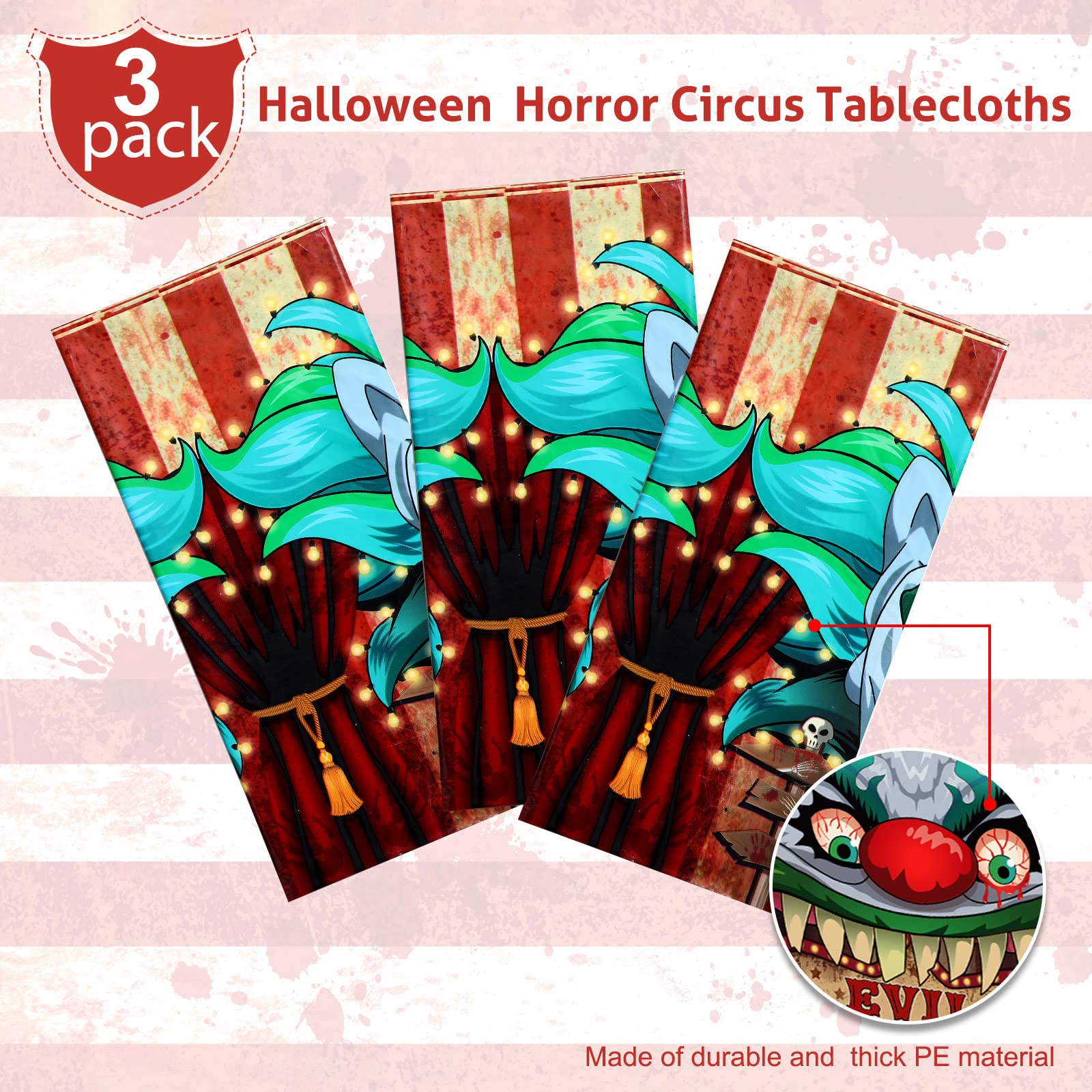 Tiamon 3 Pieces Halloween Tablecloth Horror Circus Table Cover Giant Evil Clown Tablecloth Halloween Circus Plastic Table Cover for Horror Circus Carnival Theme Halloween Party Scary Vampire Decor