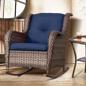 Joyside Outdoor Wicker Rocking Chair All-Weather Patio Yard Furniture Club Rocker Chair with Cushion, Blue