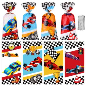 spiareal 100 pcs race car party treat bags cellophane bags race car gift treat bag goodie candy bags with ties boys race car 1 count (pack of 100)