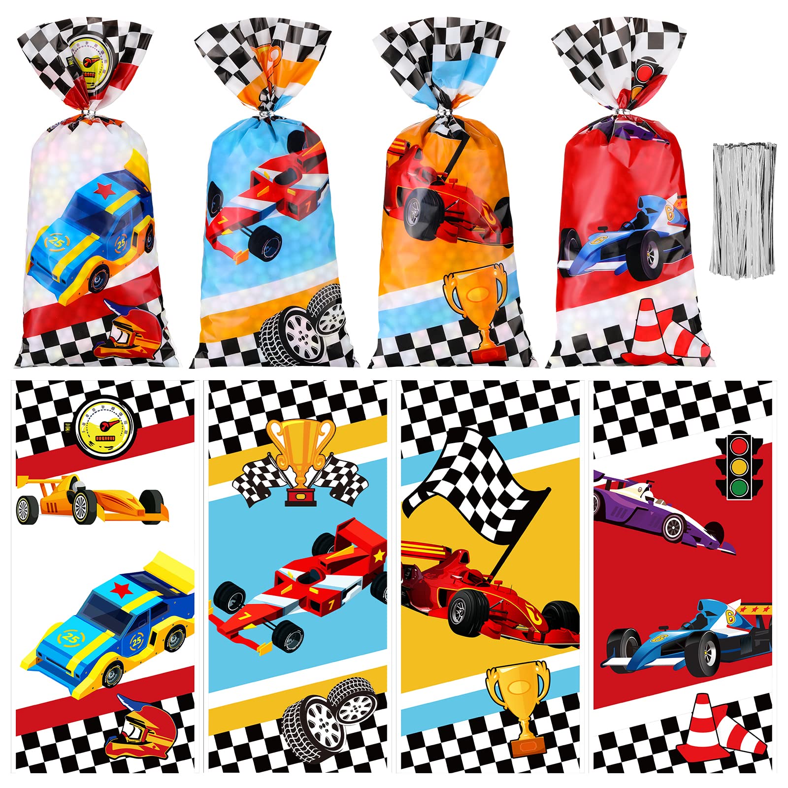 Spiareal 100 Pcs Race Car Party Treat Bags Cellophane Bags Race Car Gift Treat Bag Goodie Candy Bags with Ties Boys Race Car 1 Count (Pack of 100)