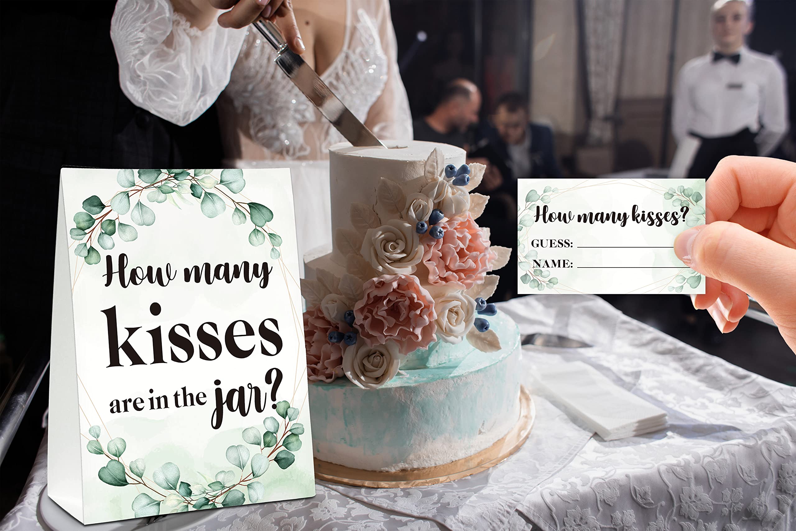 Eyouyeqi How Many Kisses Are In The Jar Sign, Greenery Bridal Shower Game, Eucalyptus Baby Shower Sign & Tickets, Wedding/Engagement Party Supplies Decorations - (1 Sign + 50 Guessing Cards) - 08