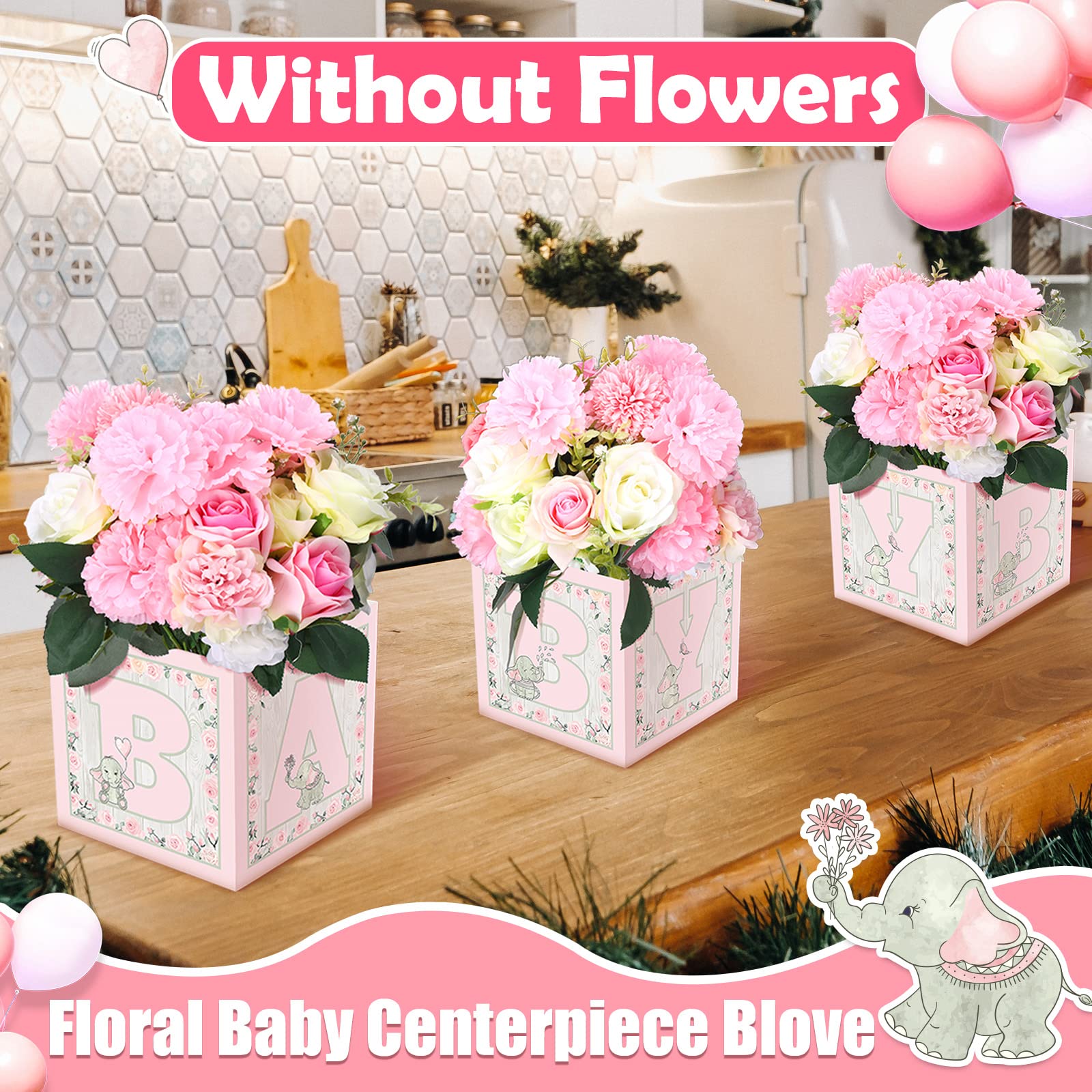 10 Pcs Baby Shower Flower Boxes Centerpieces Decorations Rustic Elephant Floral Baby Boxes with Letters Baby Shower Box Block for Tables Boy Girl Gender Reveal Birthday Party(Elephant Style)