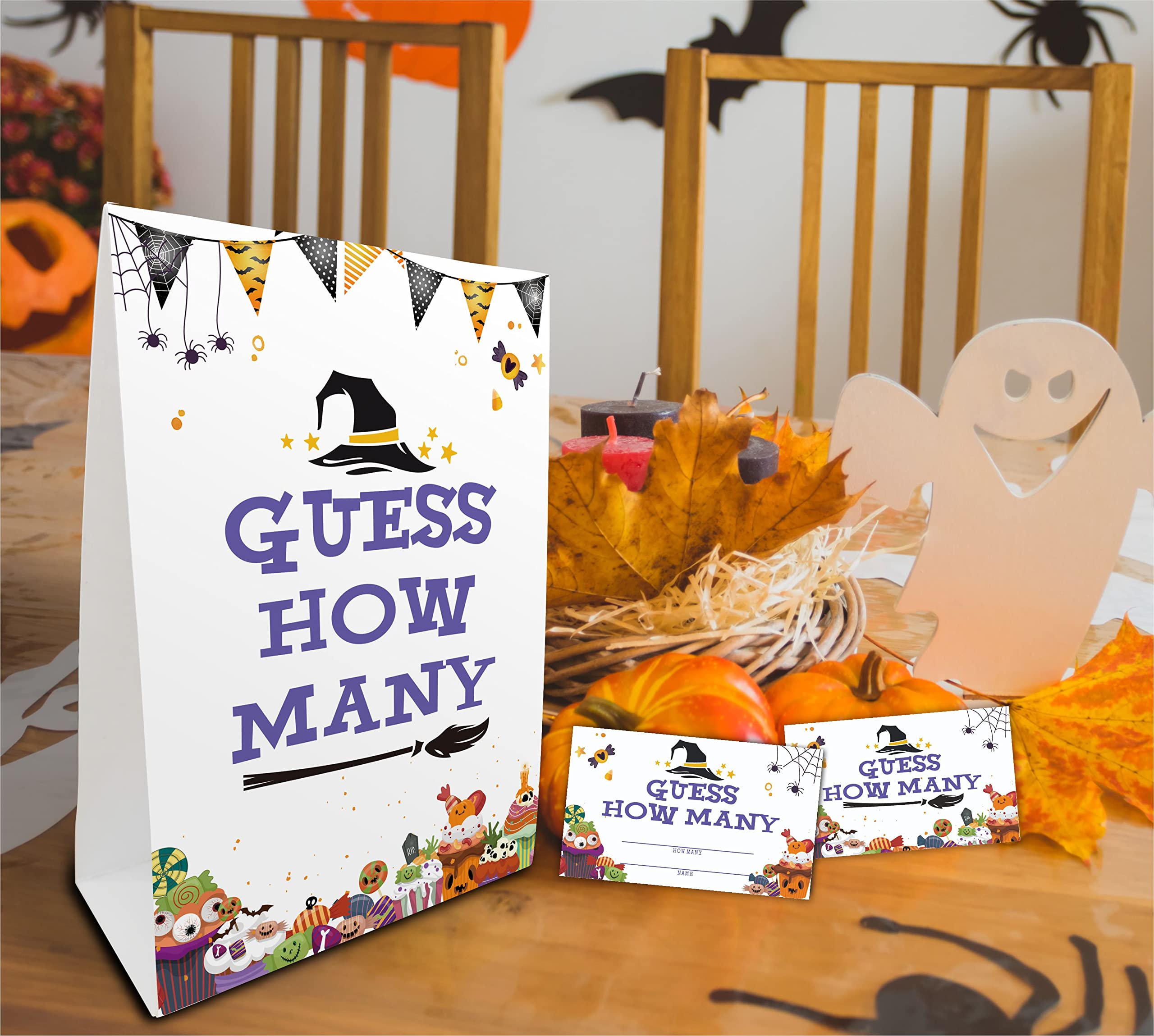 Halloween Bridal Shower Game Sign and Card, Halloween Guess How Many Party Game Set, 1 Sign With 50 Guess Tickets –LK-012