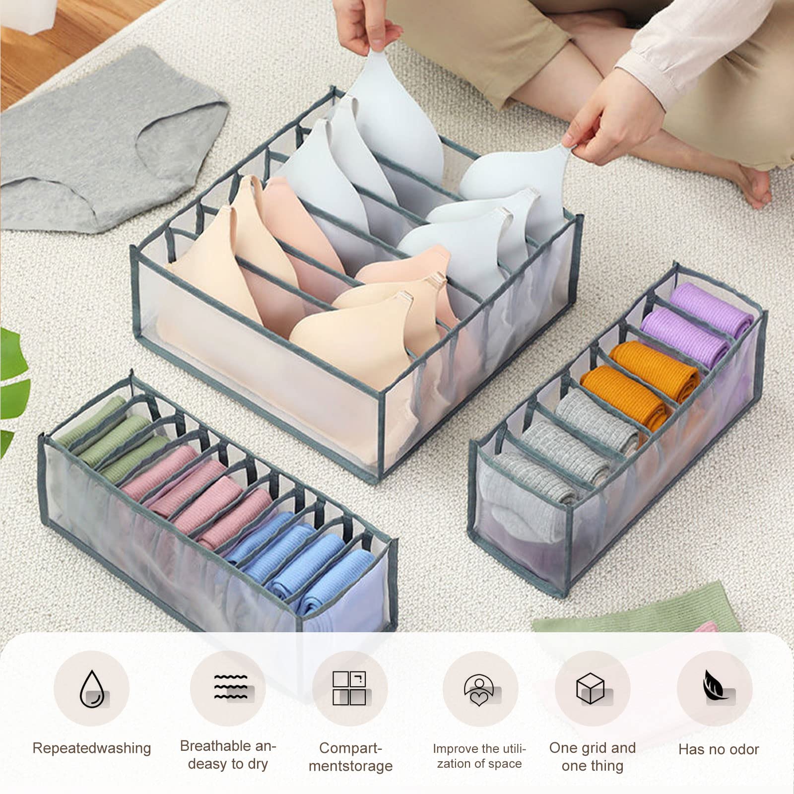 GWSNIO 6 Pcs Underwear Drawer Organizer, Foldable Underwear Storage Divider Boxes 6/7/11 Cell Closet Clothing Organizers for Bras Panties Ties Socks Scarves Clothes