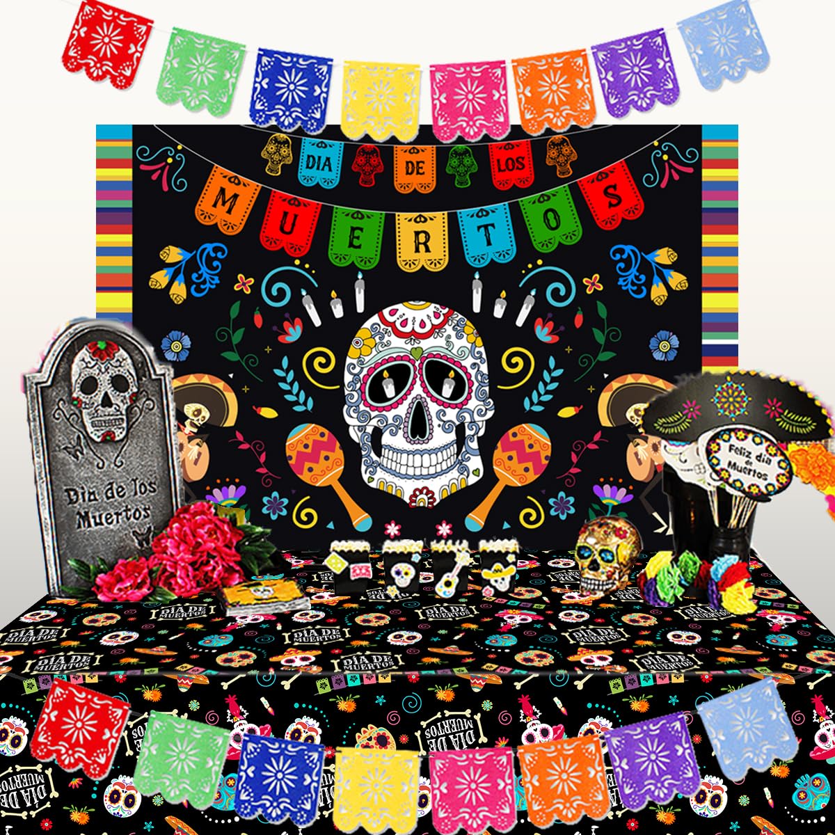 Day of the Dead Party Decorations, Mexican Fiesta Pennant Hanging Banner Sugar Skull Dia De Los Muertos Backdrop and Table cover for Day of the Dead Party Supplies