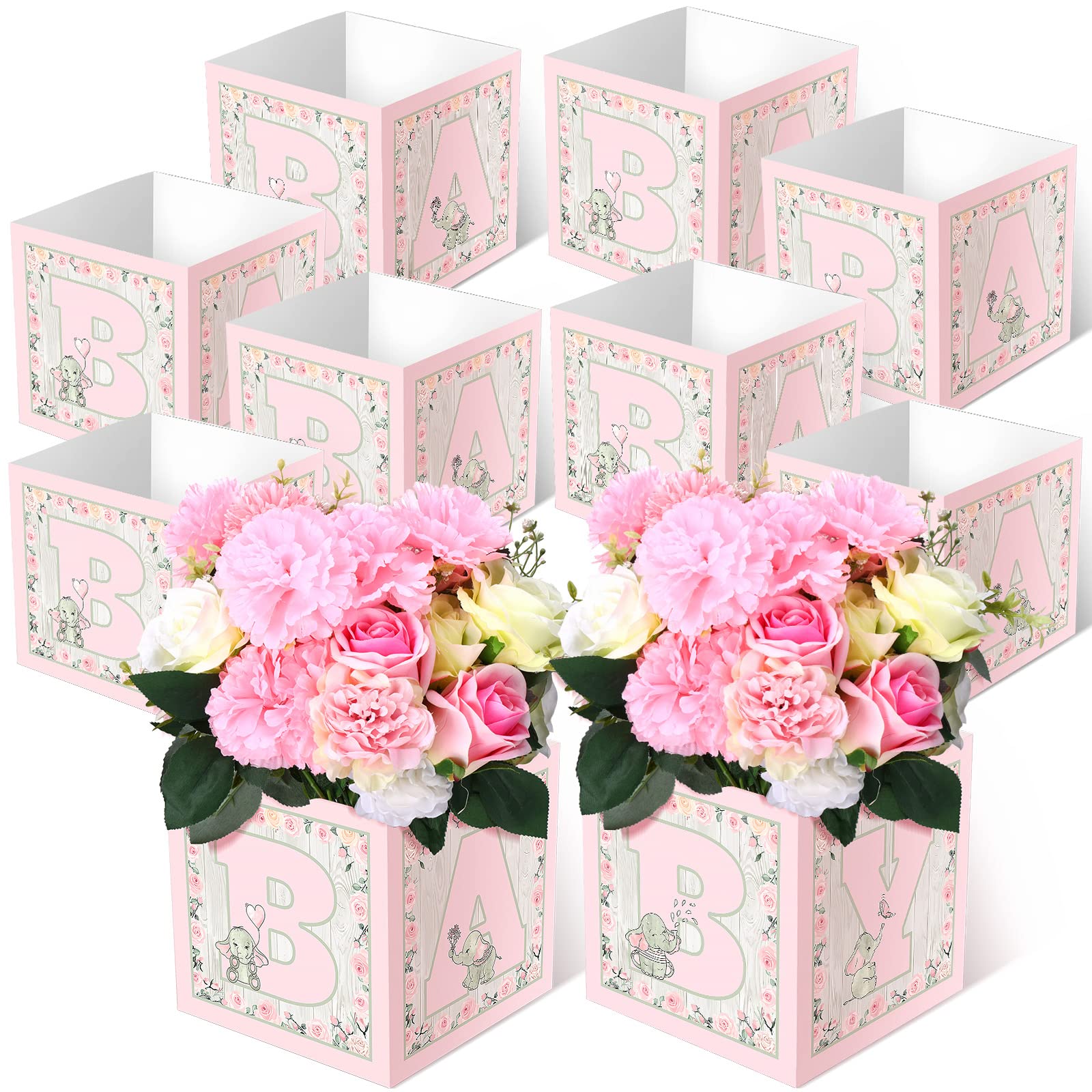 10 Pcs Baby Shower Flower Boxes Centerpieces Decorations Rustic Elephant Floral Baby Boxes with Letters Baby Shower Box Block for Tables Boy Girl Gender Reveal Birthday Party(Elephant Style)