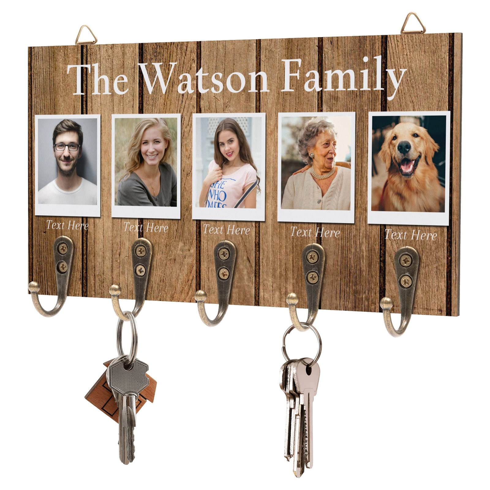 Ussunarts Personalized Key Holder Custom 5 Family Photos and Name Key Hanger for Wall, Housewarming Gift, Wall Key Rack, Rustic Wood Plank Look