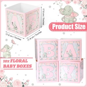 10 Pcs Baby Shower Flower Boxes Centerpieces Decorations Rustic Elephant Floral Baby Boxes with Letters Baby Shower Box Block for Tables Boy Girl Gender Reveal Birthday Party(Elephant Style)