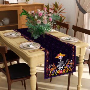 Linen Purple Day of The Dead Table Runner Dia De Los Muertos Tablecloth Mexican Halloween Sugar Skull Home Kitchen Dining Table Decorations 13x72 Inch