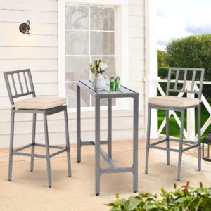 ONLYCTR Outdoor Bar Chairs and Table, Metal Outdoor Bar Set, 3 Piece Patio Bar Table Set with Bar Stools & Cushions for Backyard, Porch, Bistro, Balcony (Gray, 47" Table, 2 Vertical Back stools)