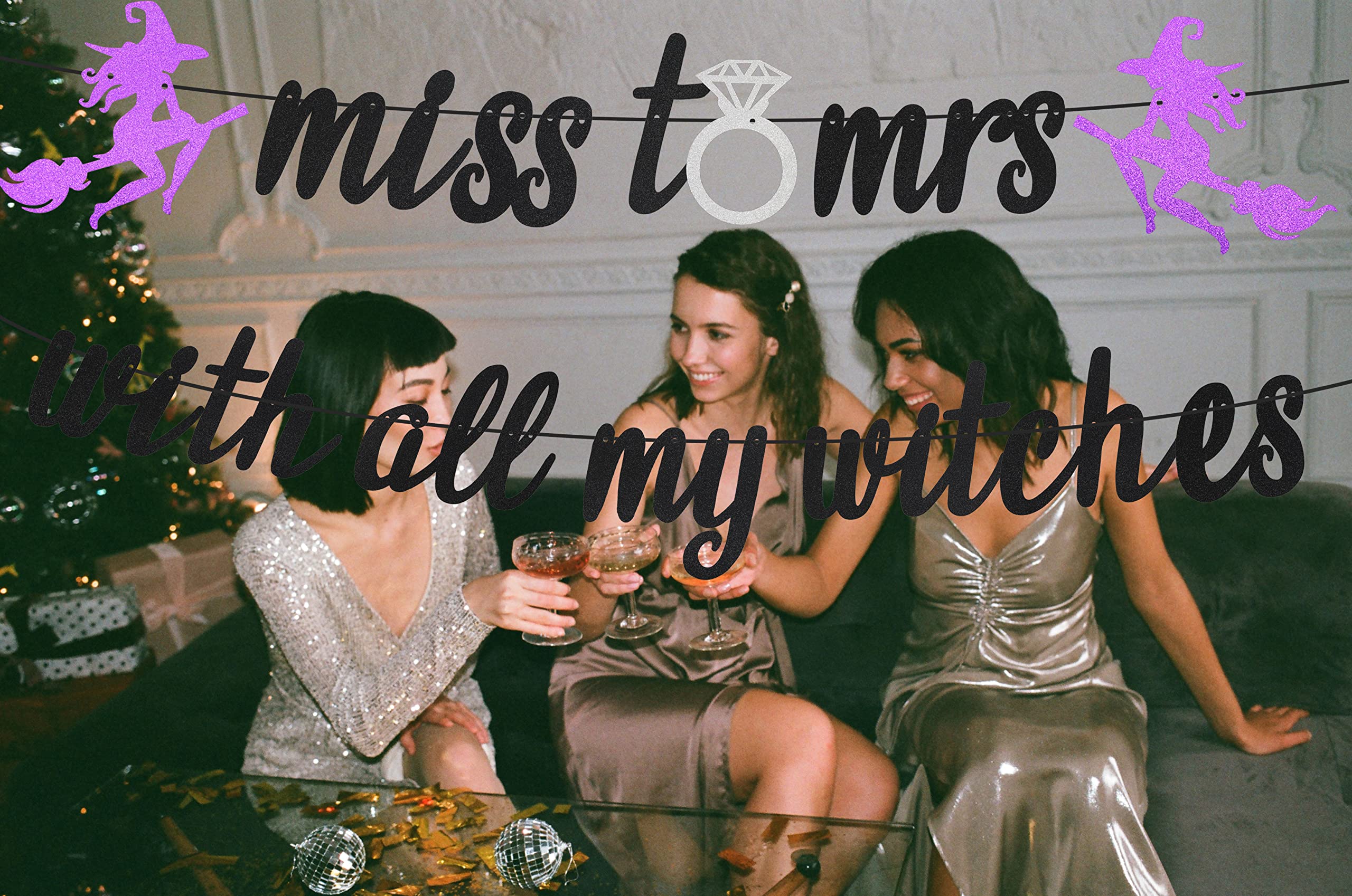 Miss to Mrs with All My Witches Banner, Glitter Halloween Bachelorette Party Decorations, Halloween Bachelorette Party Banner, Halloween Wedding, Bridal Shower, Engagement Party Decorations