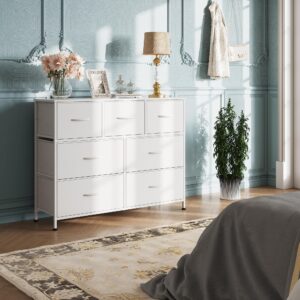 WLIVE Dresser with 7 Drawers, Dressers for Bedroom, Fabric Storage Tower, Hallway, Entryway, Closets, Sturdy Steel Frame, Wood Top, Easy Pull Handle, White