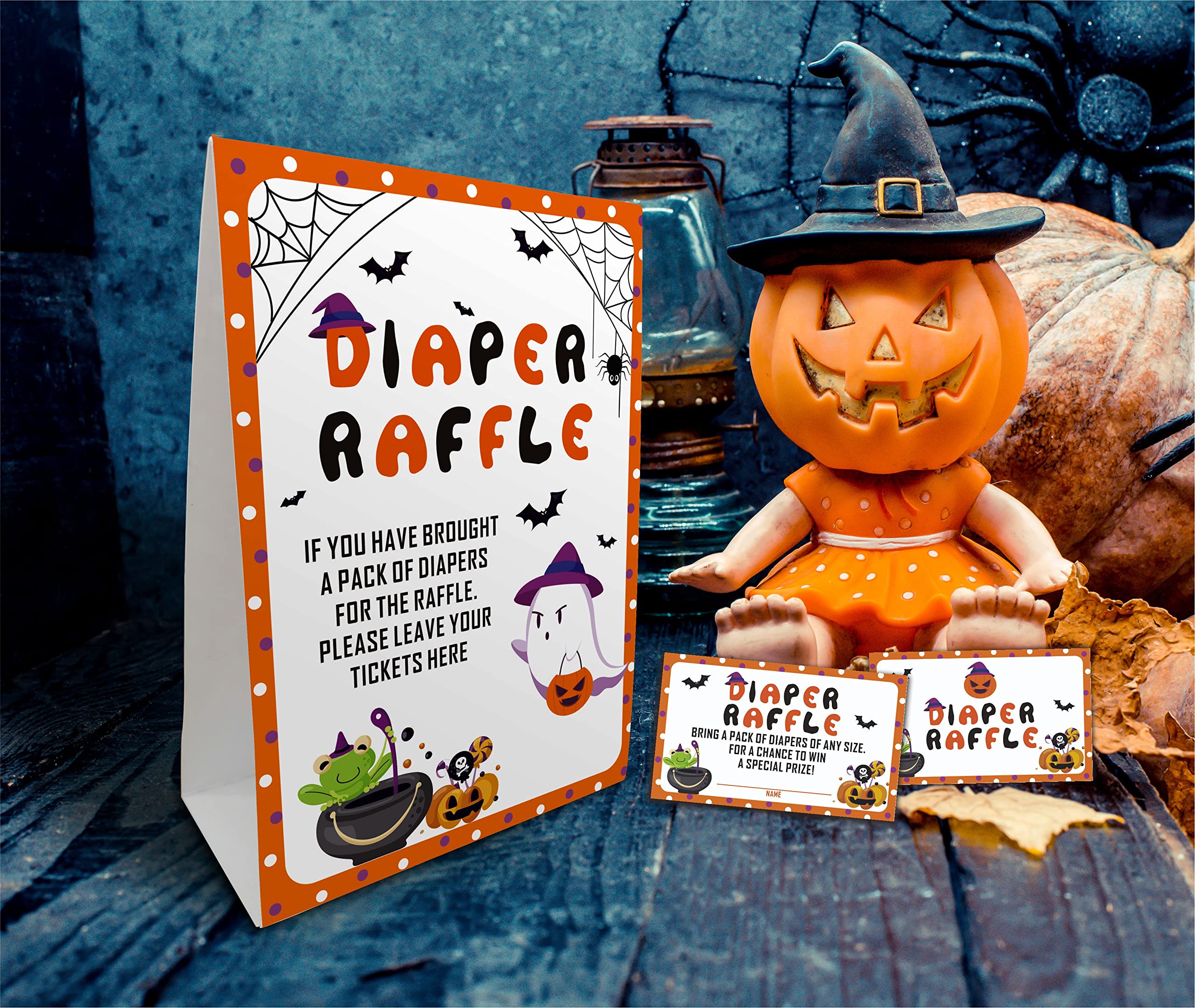 Halloween Diaper Raffle Game Sign and Card, Halloween Baby Shower Party Game Set, 1 Sign With 50 Raffle Tickets –LK-013