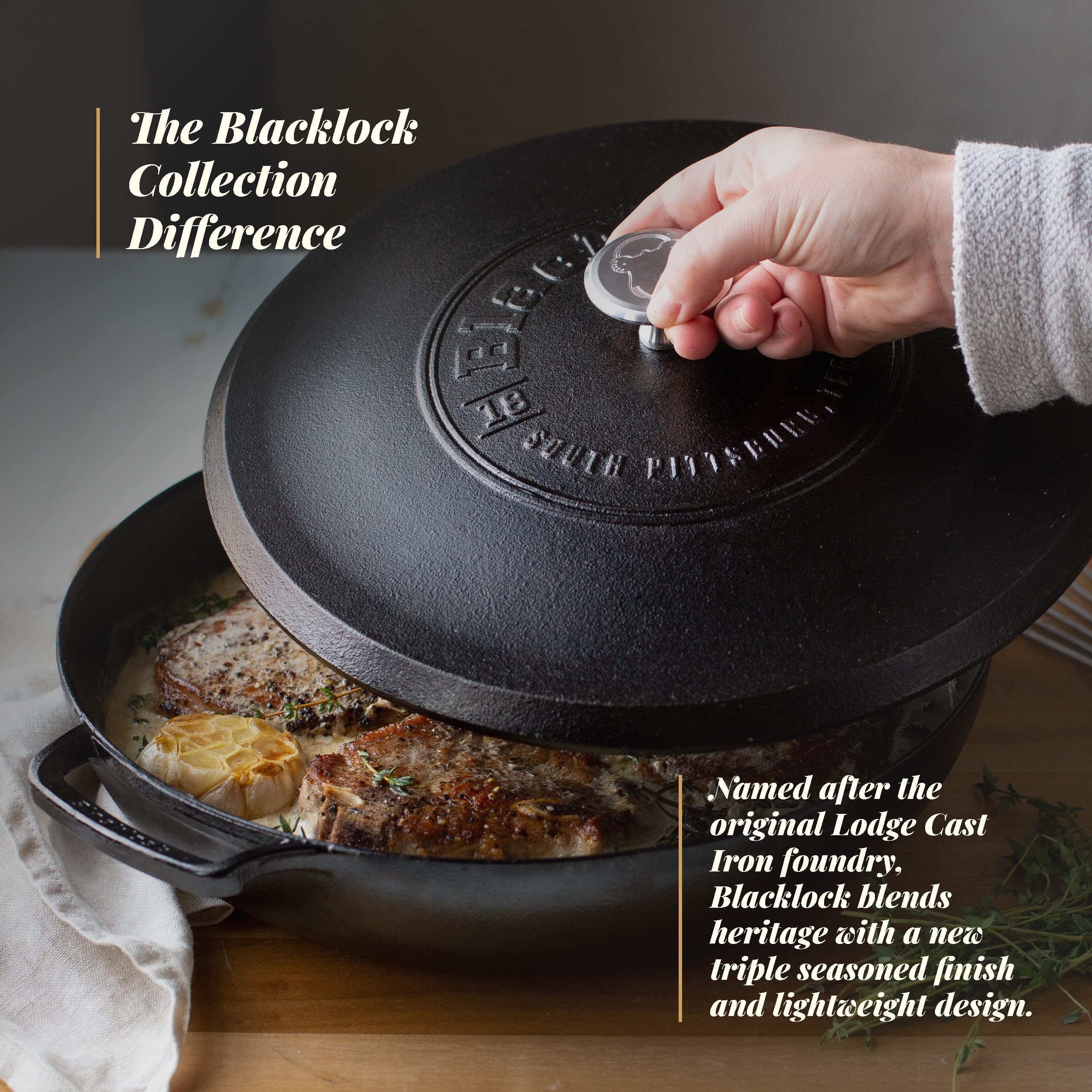 Lodge 4 Quart Cast Iron Blacklock Braiser with Lid, Triple Seasoned - 4 qt