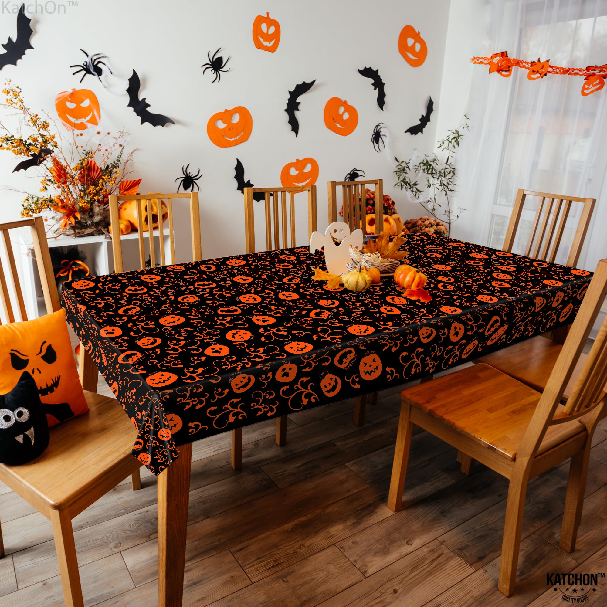 KatchOn, Pumpkin Halloween Tablecloth Plastic - 54x90 Inch, Pack of 3 | Pumpkin Tablecloth, Black and Orange Halloween Table Covers | Halloween Table Cloth Disposable, Pumpkin Halloween Decorations