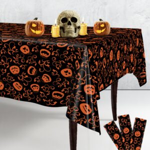 katchon, pumpkin halloween tablecloth plastic - 54x90 inch, pack of 3 | pumpkin tablecloth, black and orange halloween table covers | halloween table cloth disposable, pumpkin halloween decorations