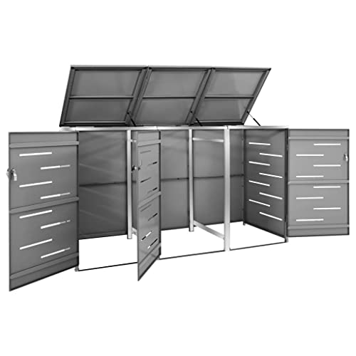 Triple Wheelie Bin Shed,Outdoor Trash can Storage,Outdoor Toy Storage,Garden Shed,Includes Luxury Springs and Convenient Lid,for Backyards and Patios, 81.5"x30.5"x45.3" Stainless Steel,Lockable