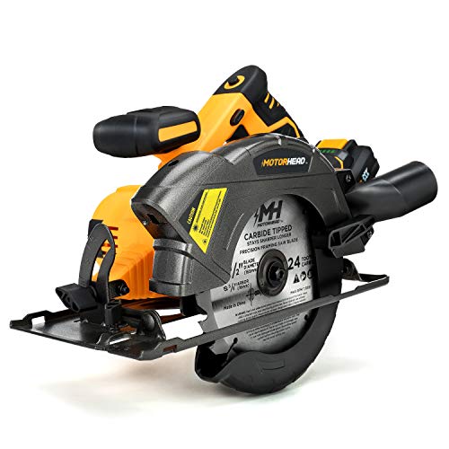 MOTORHEAD 20V ULTRA 6-1/2” Cordless Circular Saw, Lithium-Ion, Laser, LED, Edge Guide, 0-50° Bevel, Cutting Depth: 2-1/4”(0°),1.65”(45°), 2Ah Battery, 2 Blades: 24T, 40T, USA-Based (MH-03-CS-B1-0-2)