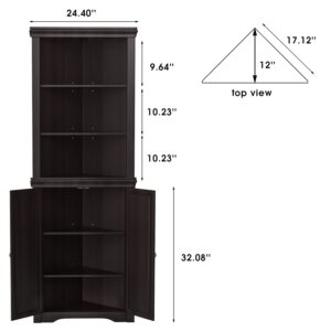 JUMMICO Corner Cabinet, Espresso, with 2 Doors and 3 Tier Shelves, Free Standing, Storage for Bathroom, Living Room, Bedroom or Kitchen