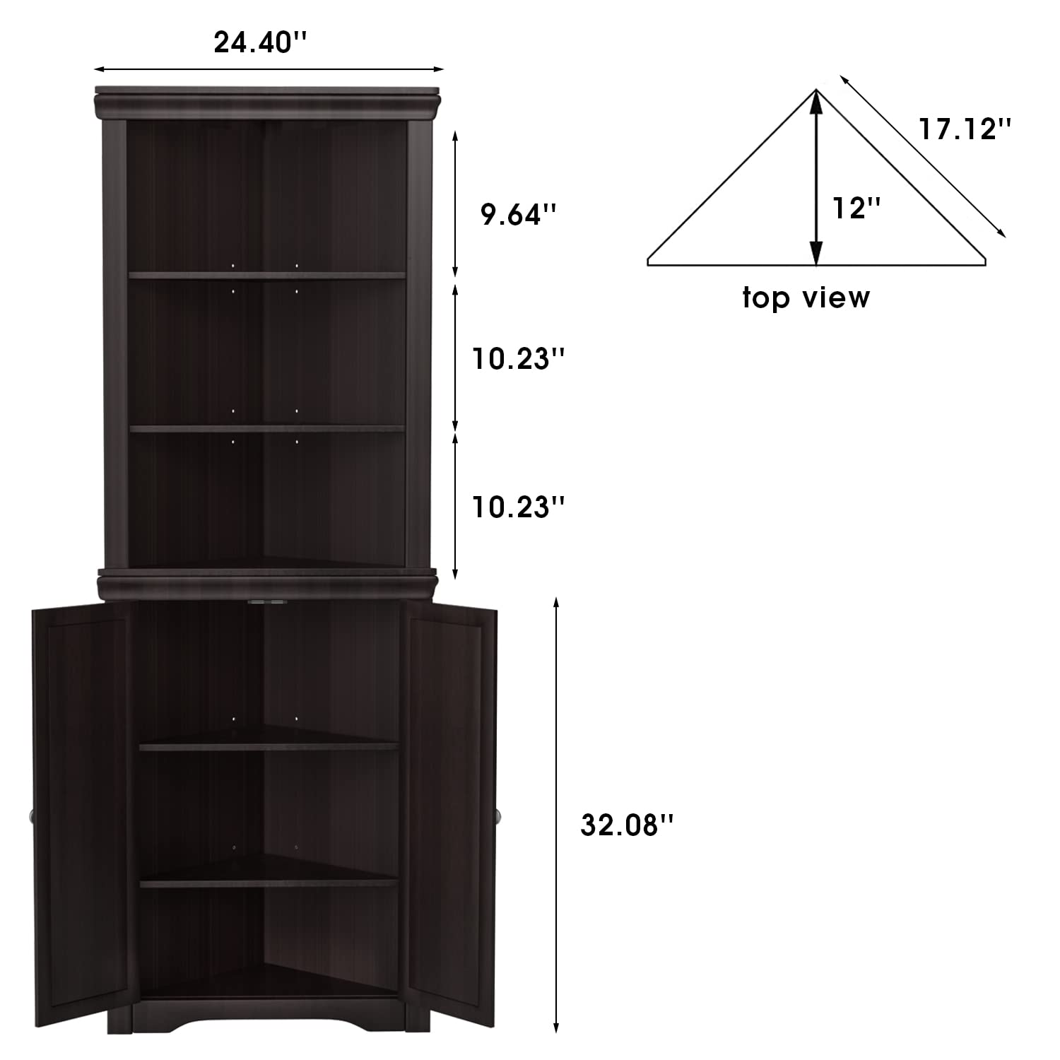 JUMMICO Corner Cabinet, Espresso, with 2 Doors and 3 Tier Shelves, Free Standing, Storage for Bathroom, Living Room, Bedroom or Kitchen