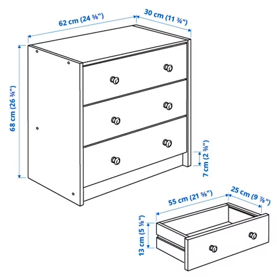 ATAADINE RAST 3-Drawer Chest, Pine, 24 3/8x26 3/4" Natural Pine Wood Home Bedroom Dorm Furniture Unfinished