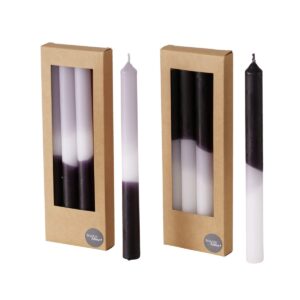 8 piece black grey white gradient taper candles, 2 boxed sets of 4, hand dipped, dripless, 7 hours burn time, paraffin wax, 7.75 inches