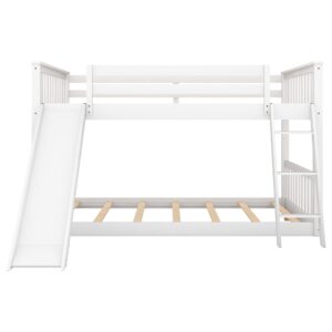 Harper & Bright Designs Kids Floor Bunk Beds, Full Over Full Bunk Bed with Convertible Slide and Ladder, Wooden Low Bunk Bed Frame for Kids, Toddlers, Teens, No Box Spring Needed (Full, White)