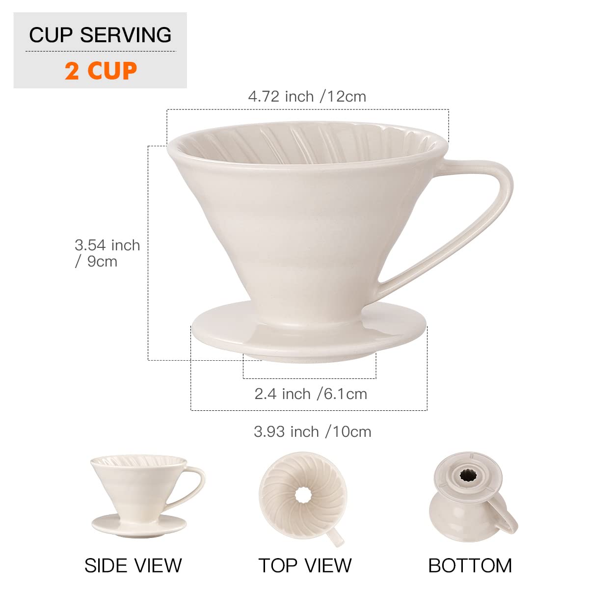 YOLIFE Pour Over Coffee Dripper, Pour Over Cone Coffee Maker, Ceramic, 2 Cup, Off White