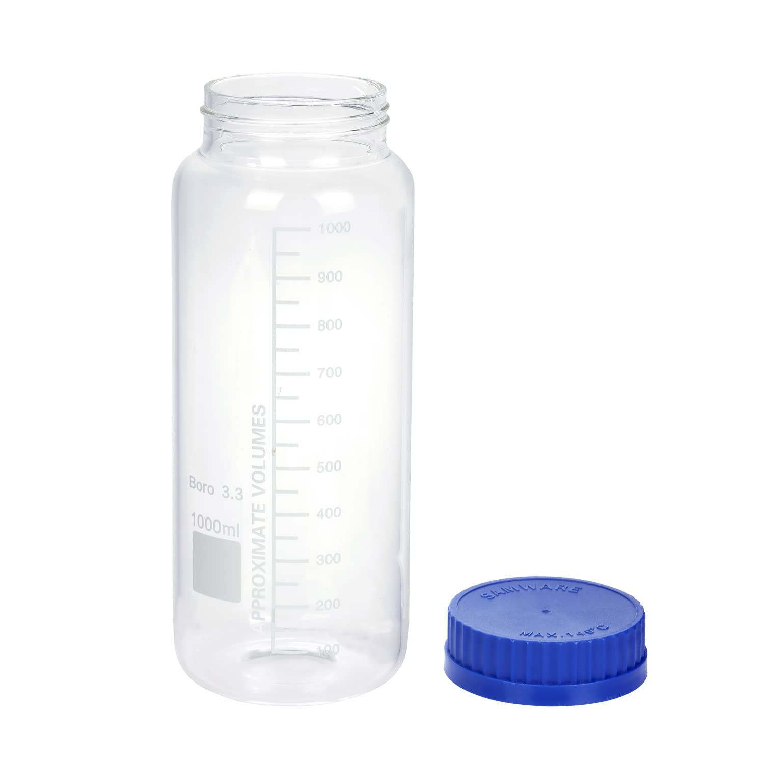 Pastein 2 Pack 1000 mL Wide Mouth Graduated Round Borosilicate Reagent Media/Storage Lab Glass Bottle With GL70 Blue Polypropylene Screw Cap