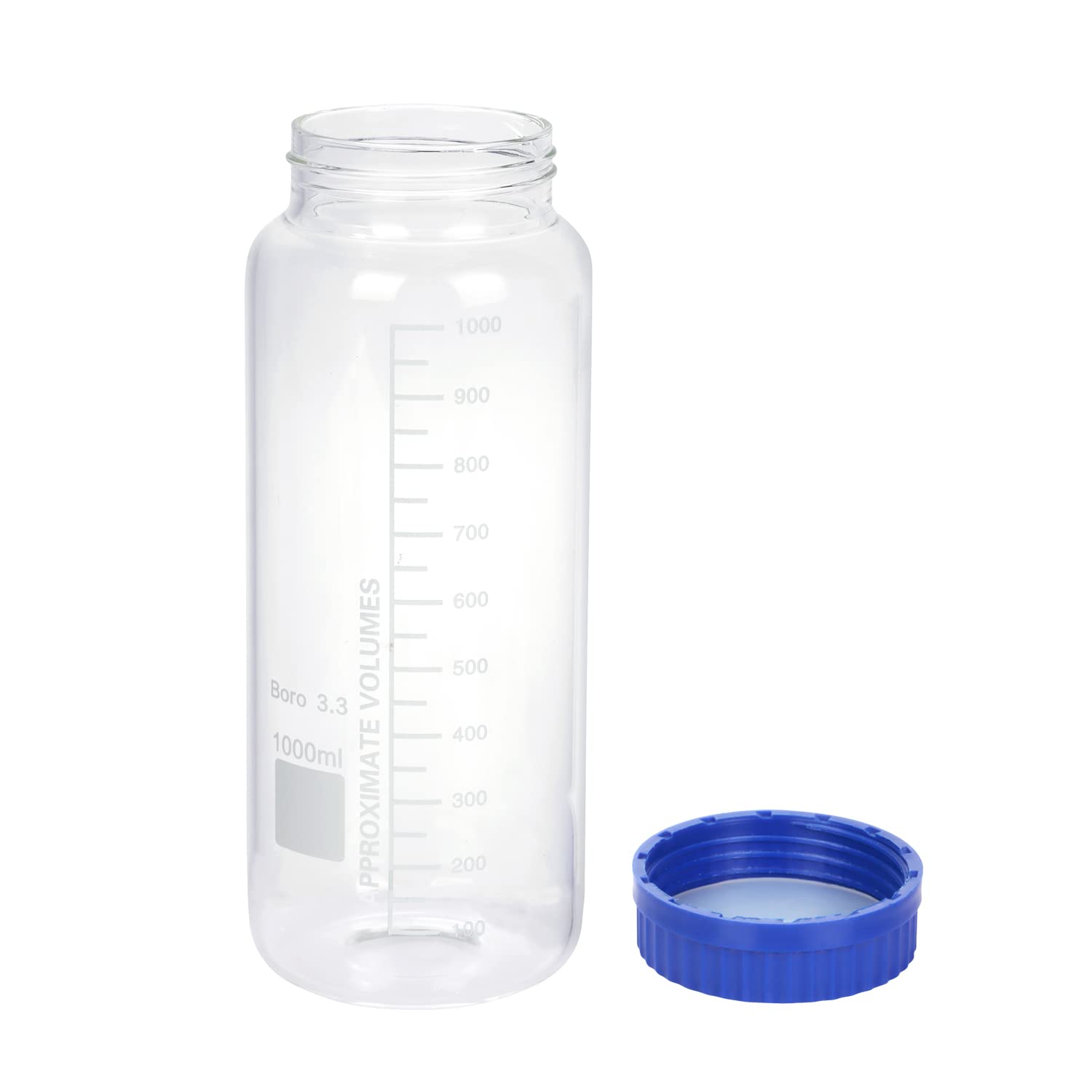 Pastein 2 Pack 1000 mL Wide Mouth Graduated Round Borosilicate Reagent Media/Storage Lab Glass Bottle With GL70 Blue Polypropylene Screw Cap