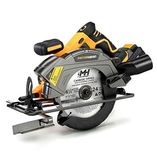 MOTORHEAD 20V ULTRA 6-1/2” Cordless Circular Saw, Lithium-Ion, Laser, LED, Edge Guide, 0-50° Bevel, Cutting Depth: 2-1/4”(0°),1.65”(45°), 2Ah Battery, 2 Blades: 24T, 40T, USA-Based (MH-03-CS-B1-0-2)