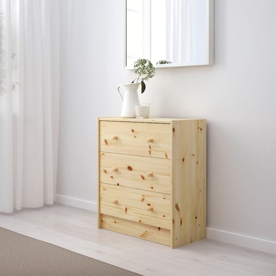 ATAADINE RAST 3-Drawer Chest, Pine, 24 3/8x26 3/4" Natural Pine Wood Home Bedroom Dorm Furniture Unfinished